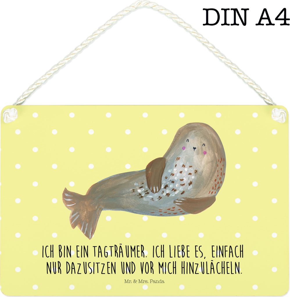 Mr. & Mrs. Panda Schild Robbe Lachen DIN A4 - Gelb Pastell - Geschenk, wandtafel, Nordsee, holzbild, Strand, Seehund, Meerestier, Wandschild, Wandb...