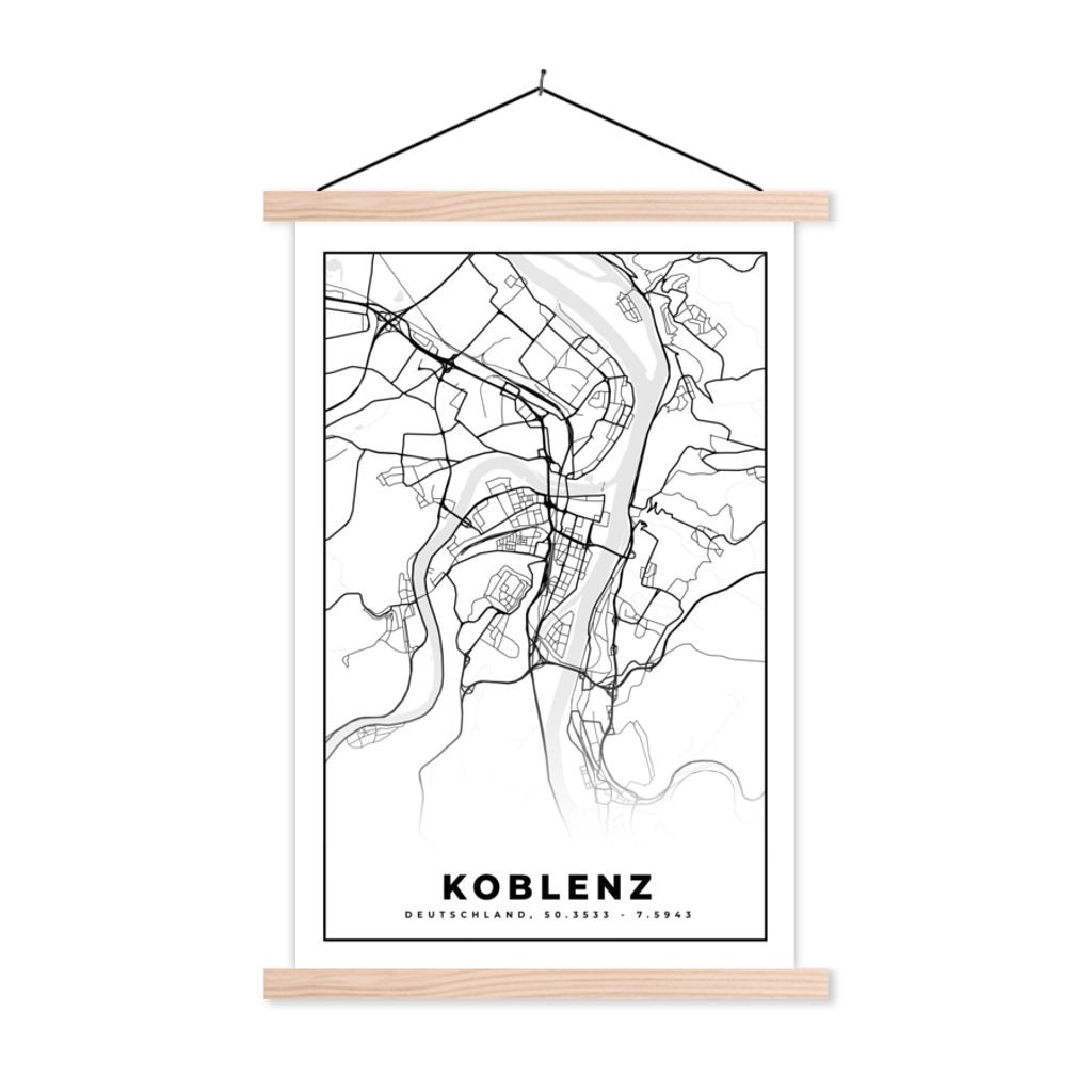 MuchoWow Textilposter Koblenz - Karte - Stadtplan 60x90 cm mit holzfarbenen Rahmen - Textil