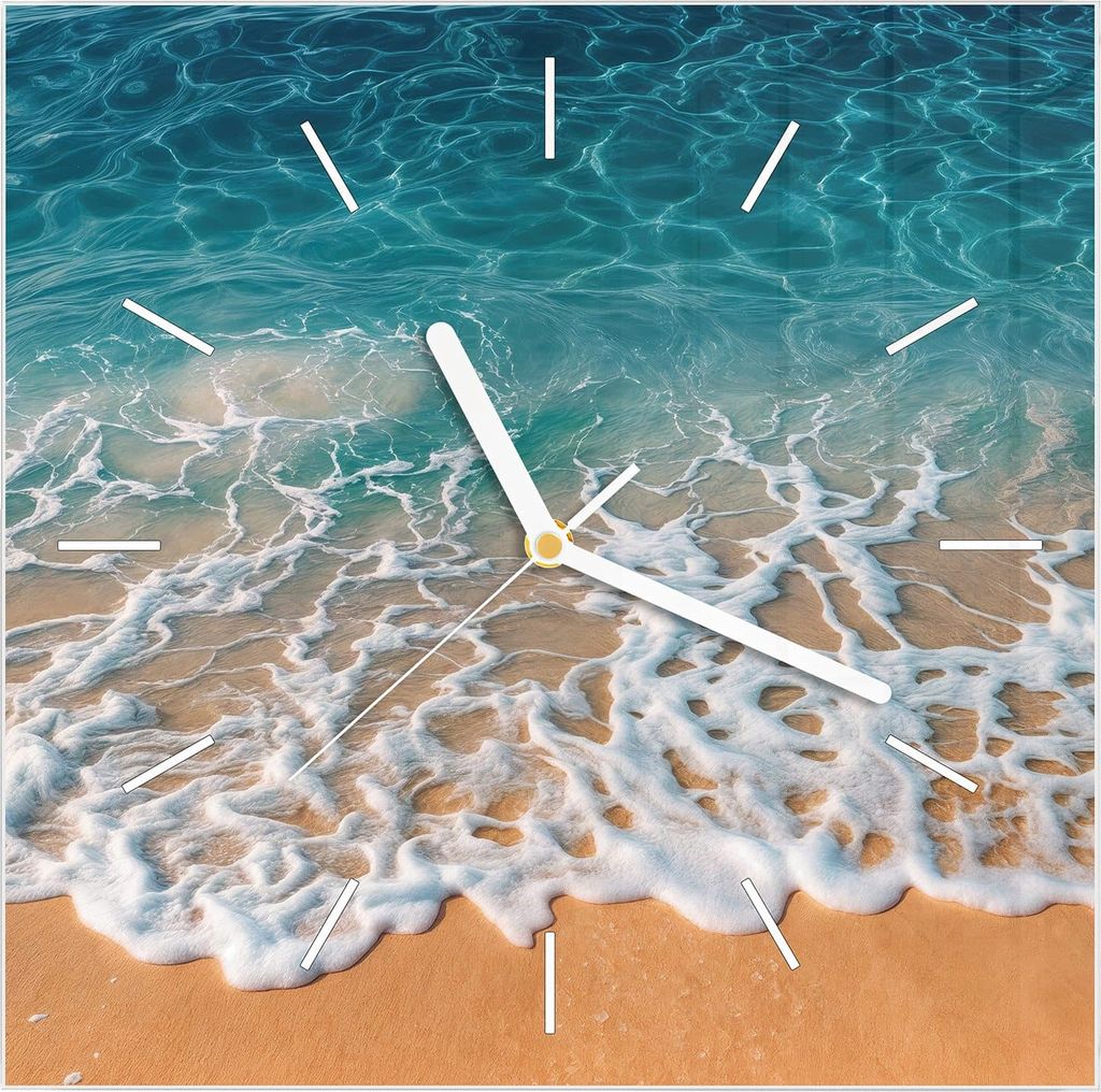 Wanduhr aus Glas mit Motiv Strand und Wellen- 30 x 30 cm - inkl. Aufhängesystem