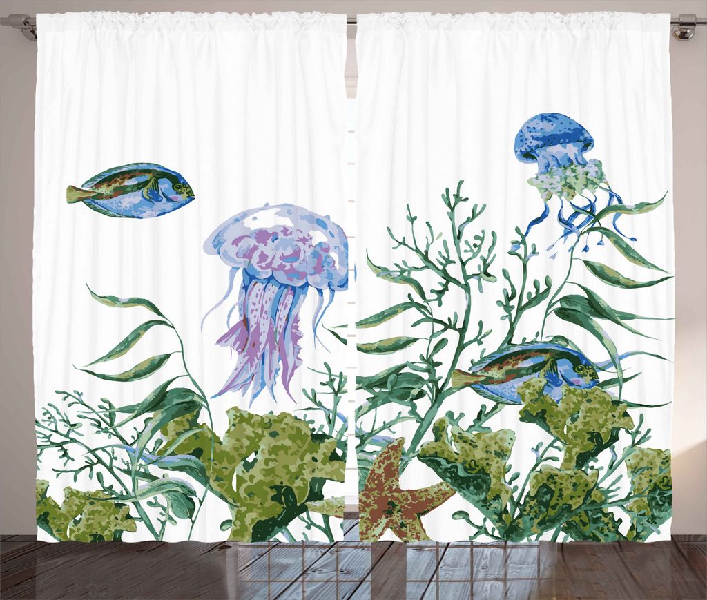 ABAKUHAUS Ozean Rustikaler Vorhang, Algen Quallen Fische, Wohnzimmer Universalband Gardinen mit Schlaufen und Haken, 280 x 175 cm, Reseda Grün Jad...
