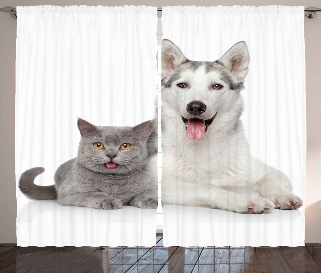 ABAKUHAUS Haustier Rustikaler Vorhang, Alaskan Malamute Katze, Wohnzimmer Universalband Gardinen mit Schlaufen und Haken, 280 x 225 cm, Weiß und Grau