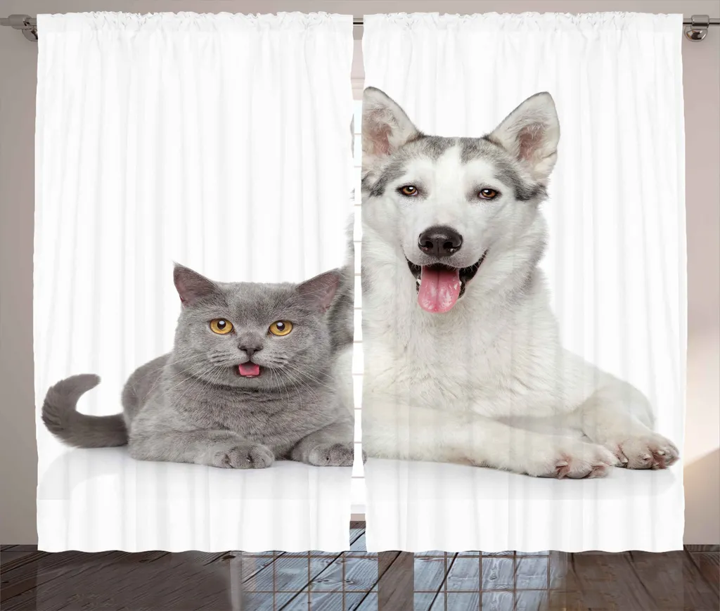 ABAKUHAUS Rideau Chat Alaskan Malamute Rustique 280x225cm Blanc Gris