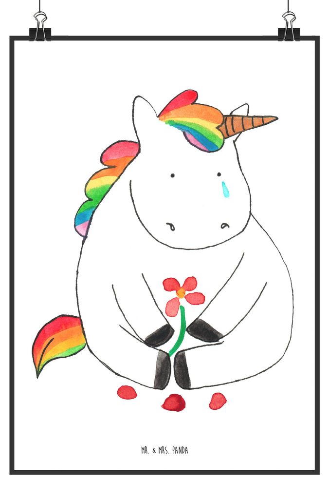 Mr. & Mrs. Panda Bild Einhorn Traurig DIN A5 - Weiß - Geschenk, Einhörner, Trauer, Blume, Kunstdruck, Unicorn, Grußkarte, poster, Liebe, drucke,...