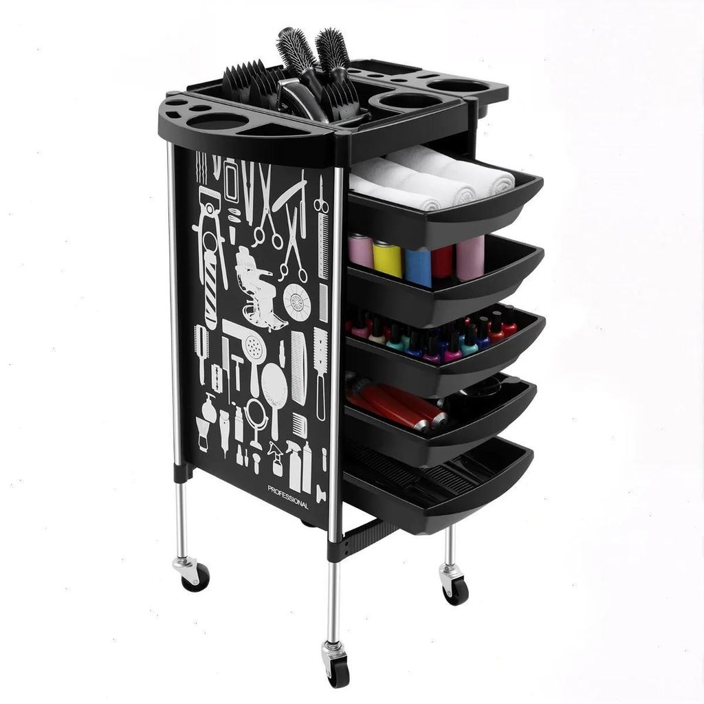 Friseurwagen - Salon Rollwagen - 5 Schubladen - 6 Ebenen - 4 Rollen - PP & Edelstahl - Traglast 80 kg - 36×90 cm - Schwarz