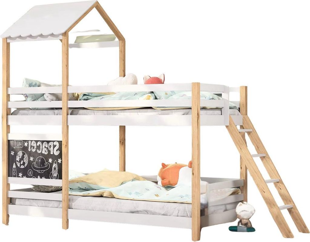 Fioren Stapelbett für Kinder 90x200 cm – Weiß – Massives Holz – Mit Ecktreppe, Schultafel, Absturzsicherung & Fenster – Einpersonenbett