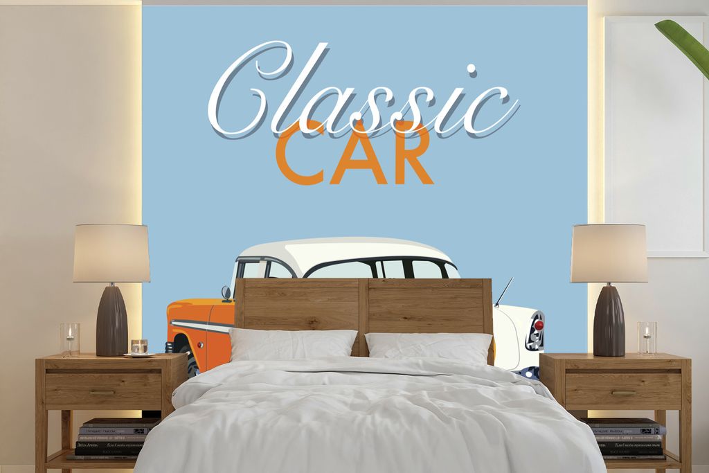 MuchoWow Fototapete für Wohnzimmer oder Schlafzimmer Wandtapete Vinyl Motivtapete Auto - Amerika - Orange - 350x350 cm - Schlafzimmertapete