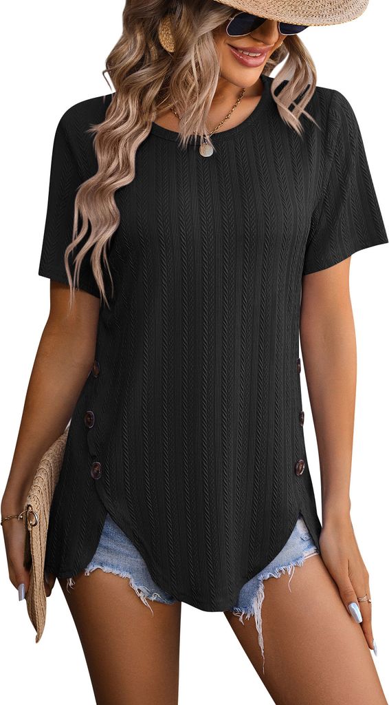 ASKSA Damen T-Shirt Rundhals Sommer Kurzarm Elegant Einfarbig Laessig Lose Gebogener Saum Tunika Oberteile (Schwarz,S)