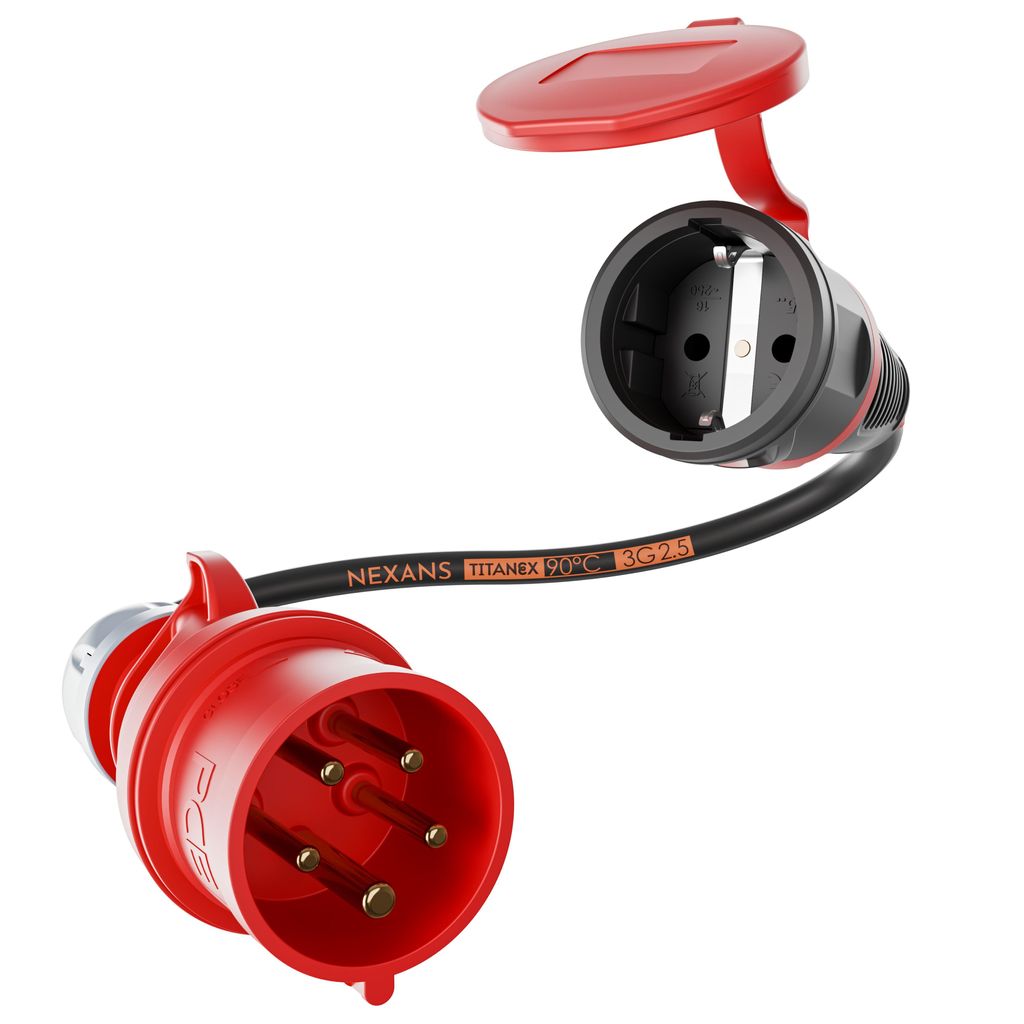 NWP Adapter 16A 400V Stecker Starkstrom auf 230V Schuko Kupplung - IP44 - 3x2,5mm² Gummischlauchleitung