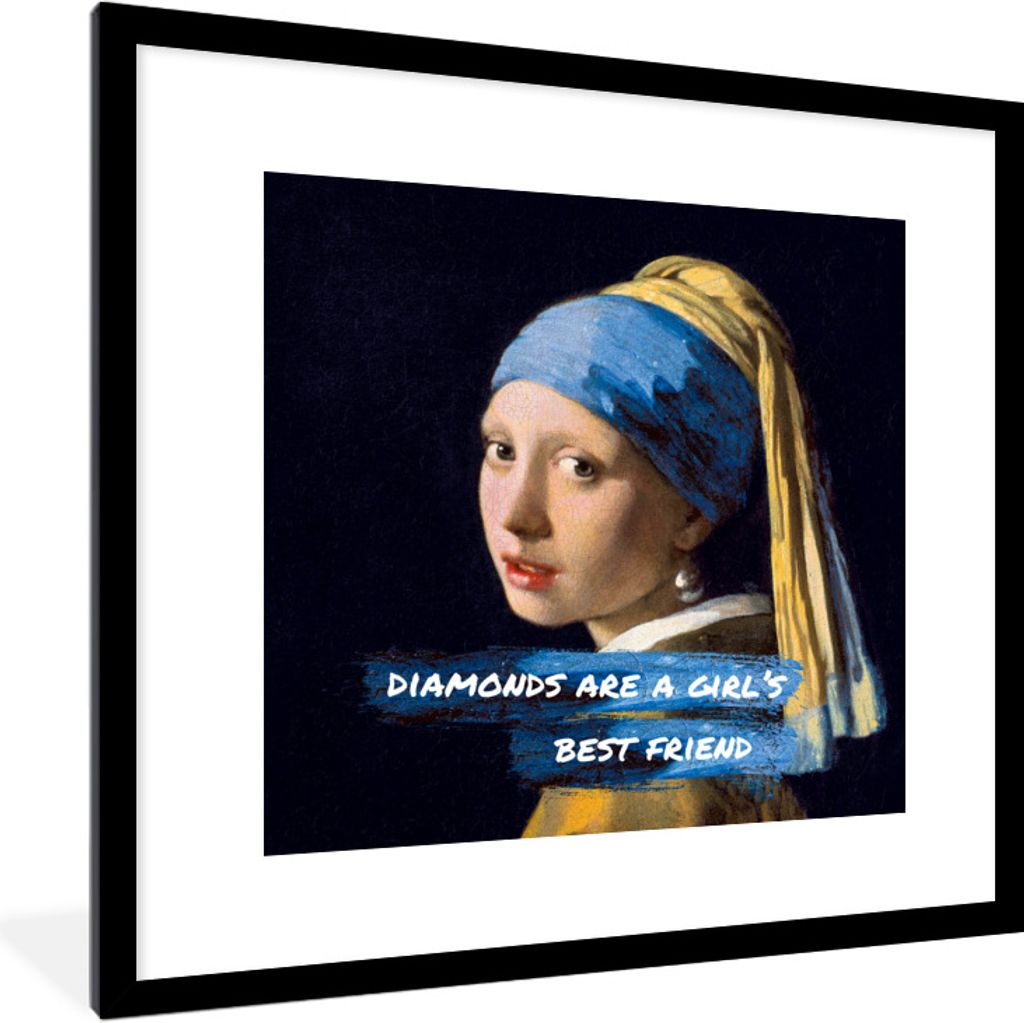 MuchoWow Gerahmtes Poster Vermeer - Das Mädchen mit dem Perlenohrring - Zitat 40x40 cm - Poster mit Schwarzem Bilderrahmen Wandposter Rahmen Fot...