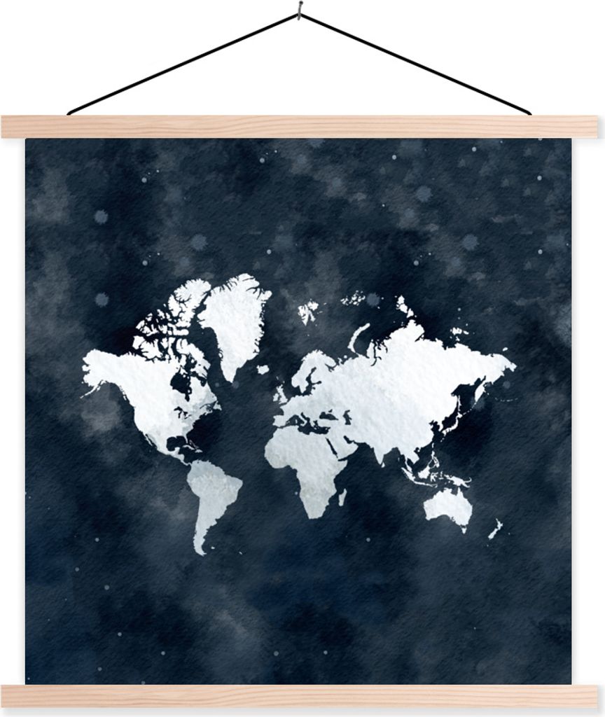 MuchoWow Textilposter Weltkarte - Nacht - Blau 120x120 cm mit holzfarbenen Rahmen - Textil-Poster