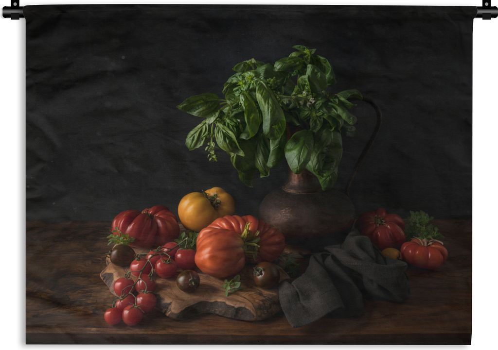 MuchoWow Wandteppich Wandbehang Stilleben - Tomaten - Basilikum - Gemälde - Gemüse - Schwarz 90x67.5 cm Tapisserie Dekoration Wandtuch - Fotote...