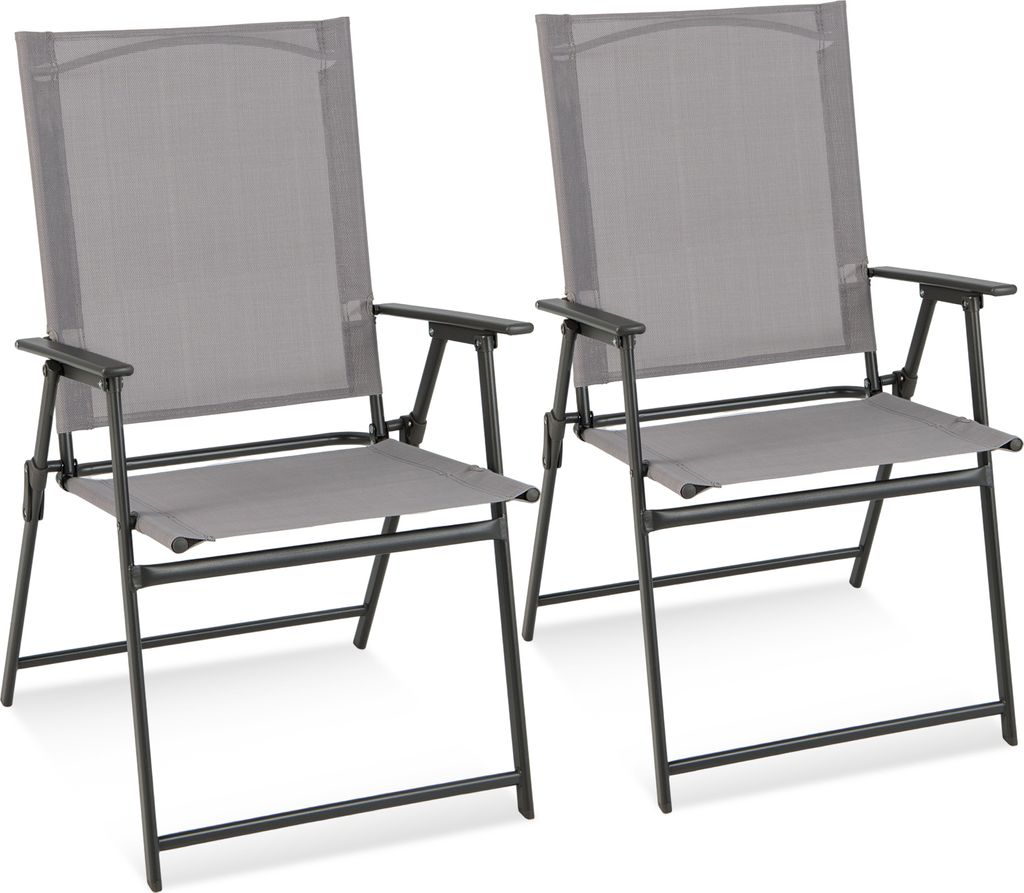 Two gray folding chairs are shown side-by-side against a white background.