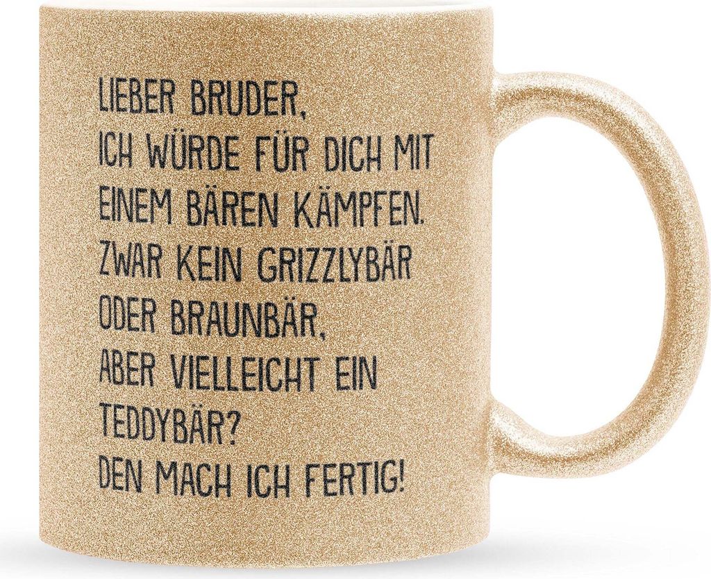 22Feels Glitzertasse Gold Bruder Geschenk Geburtstag Weihnachten Geschwister Jungs Männer Haferl Teenager Bruderherz Geschenkidee Bürotasse