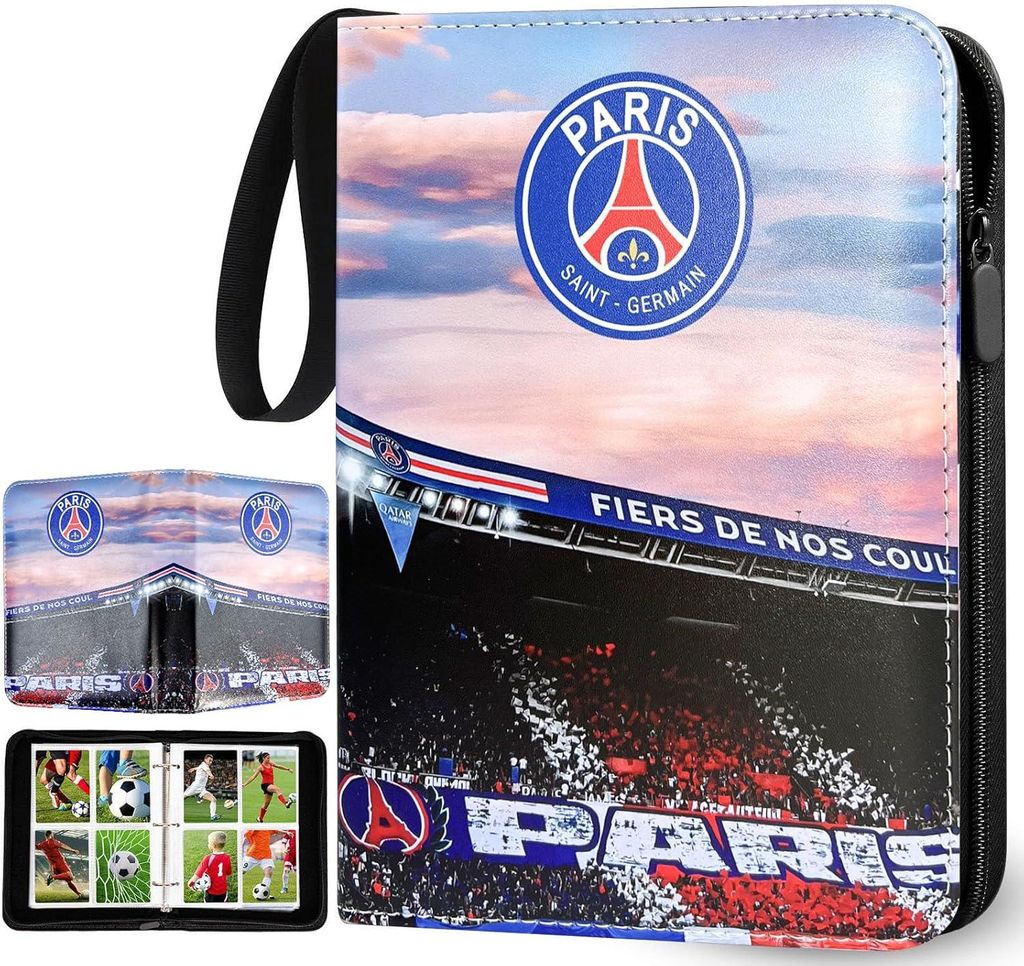 PSG Fußball Sammelkarten Album 4 Fächer, Fussball Karten Sammelalbum mit Reißverschluss und 50 Herausnehmbaren Seiten für 400 Karten, Polyureth...