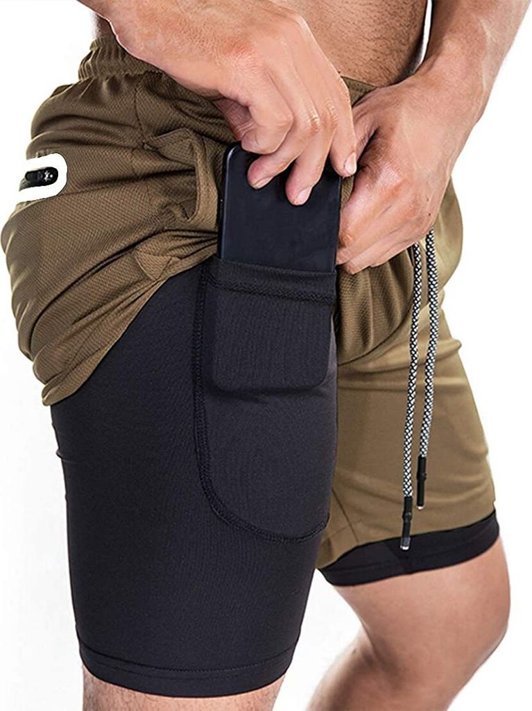 ASKSA Herren 2 in 1 Shorts Laufshorts Dual Kurze Sporthose Männer Fitness Laufhose Sport Hosen Trainingshose(Khaki,M)