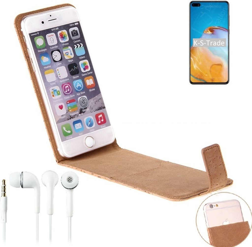K-S-Trade Schutzhülle mit Kopfhörer kompatibel mit Huawei P40 Handyhülle Cover Kork Tasche Flipstyle Case