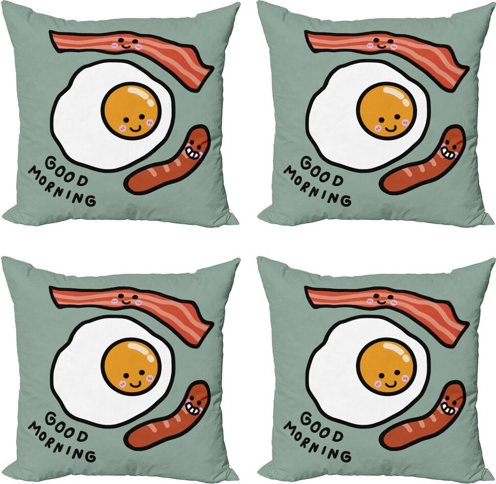 ABAKUHAUS Frühstück Kissenbezug Set (4 Stück), Morgen Ei Wurst, Moderner Doppelseitiger Digitaldruck, 40 cm x 40 cm, Pale resedagrün Salmon