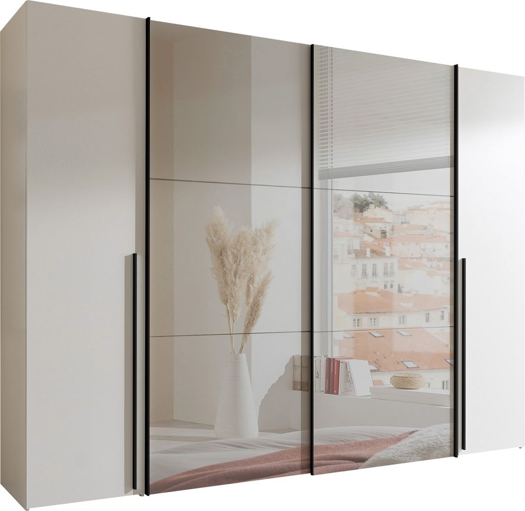 Kleiderschrank >Maturs< 10 Böden, 2 Stangen, Weiß Dekorfolie / Spiegel - 267x205x57cm (BxHxT)