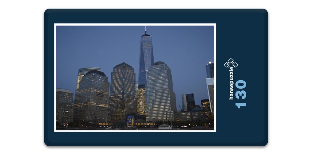 hansepuzzle 18118 - Manhattan bei Nacht Puzzle, 130 Teile, Gebäude, 28,7 x 20,0cm mit hochwertiger Aufbewahrung, Kartonbox & Beutel