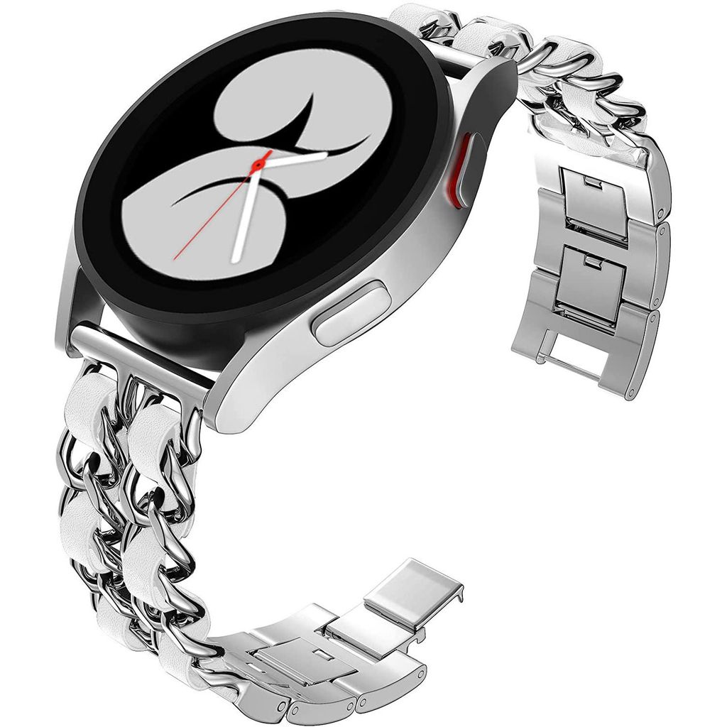 FFO2World 22 mm Leder-Metallarmband – für Samsung Galaxy Watch 3/Watch, Gear S3, Polar Vantage & Grit X, Garmin Vivoactive 4 – Silber/Weiß