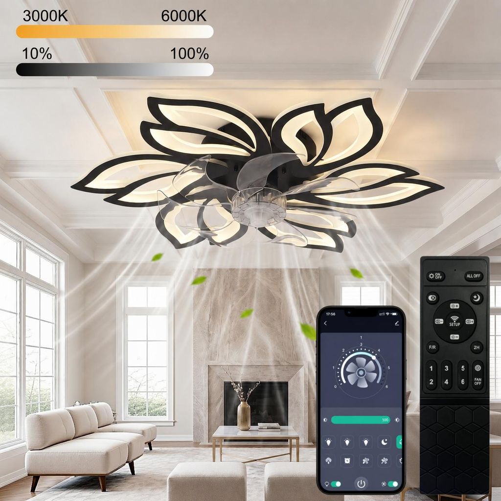 Deckenventilator mit LED Beleuchtung 65cm Schwarz, Leiser Produktbild 