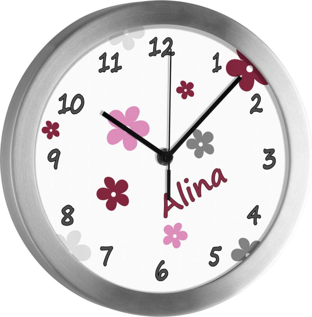 Kinderzimmer Funkwanduhr, Funkuhr Wanduhr Kinder, Blume brombeere grau 25 cm