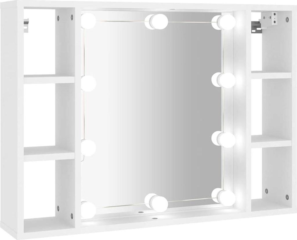 A white mirrored cabinet with LED lights and shelves.