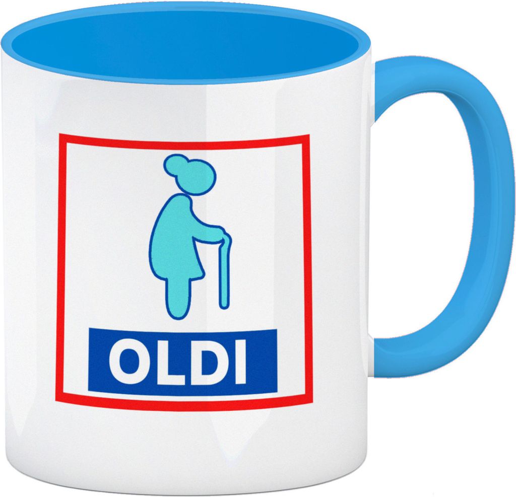 Oldi Discounter Kaffeebecher mit Innenseite und Griff in Produktbild 