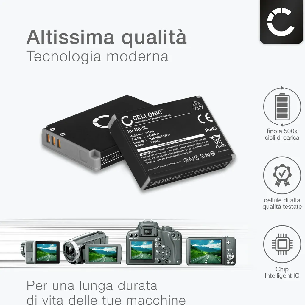 AccuCell Batteria Ricaricabile Compatibile Per Canon NB-5L, Ixus 900 Ti (Sostitutiva) - 5