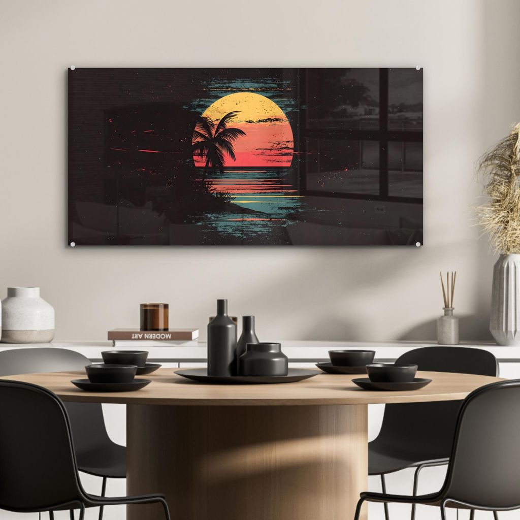 MuchoWow Glasbilder - Bilder auf Wandbild - Foto auf Glas Strand - Minimalistisch - Sonne - Orange 80x40 cm Wanddekoration aus Glas - Acrylglasbild...
