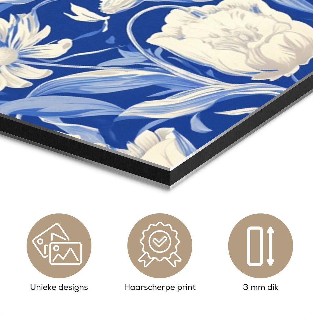 MuchoWow Wanddekoration Metall Metallbild Wandkunst 30x40 cm Blumen - Delfter Blau - Muster - Tulpe MuchoWow Aluminium Gemälde - Bilder