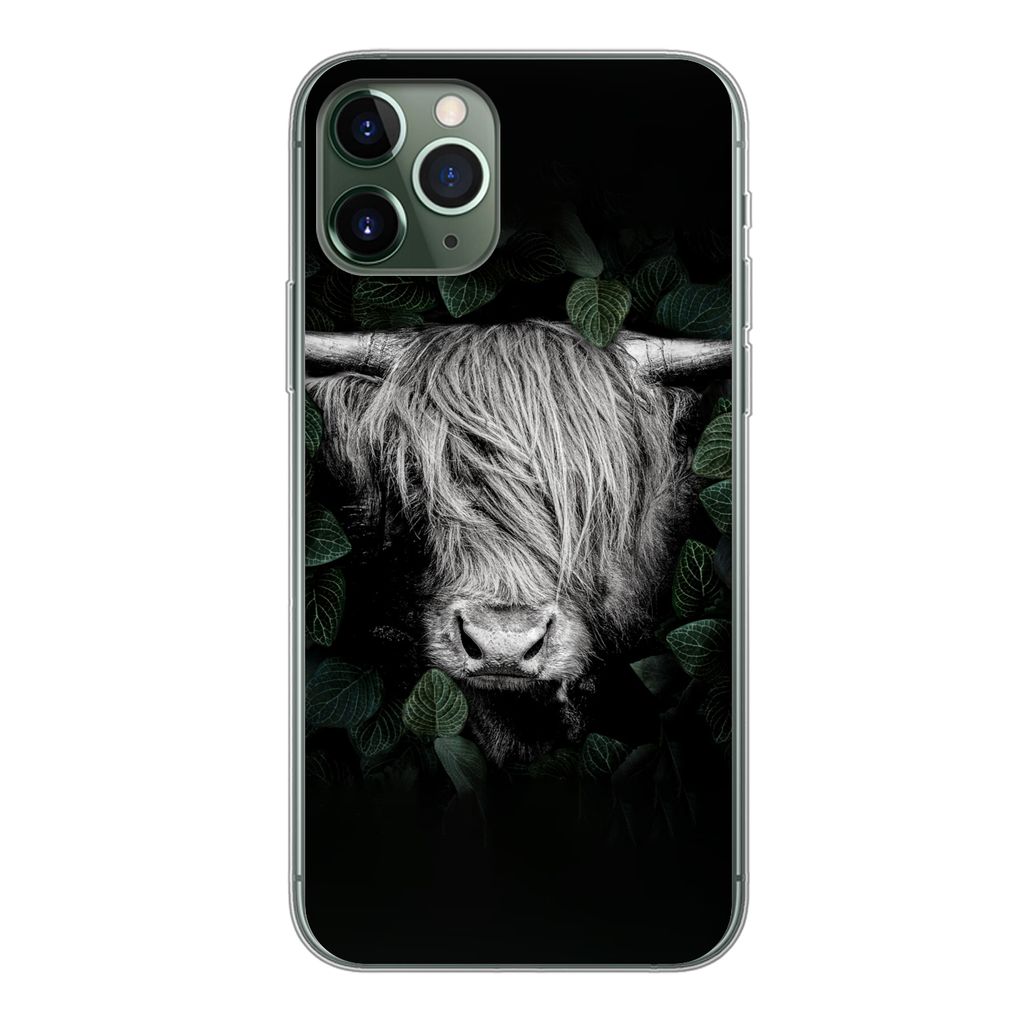 MuchoWow Handyhülle Schutzhülle Hülle für iPhone 11 Pro Schottischer Highlander - Blätter - Porträt Silikon Softcase Handy Hülle - Handy