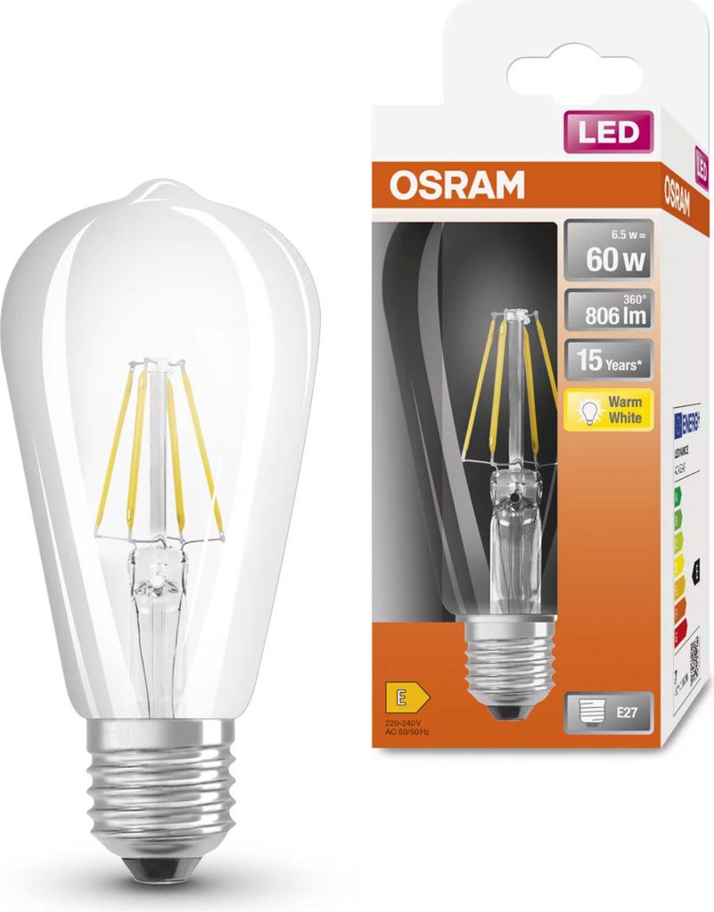 A product shot of an Osram LED filament light bulb next to its packaging.