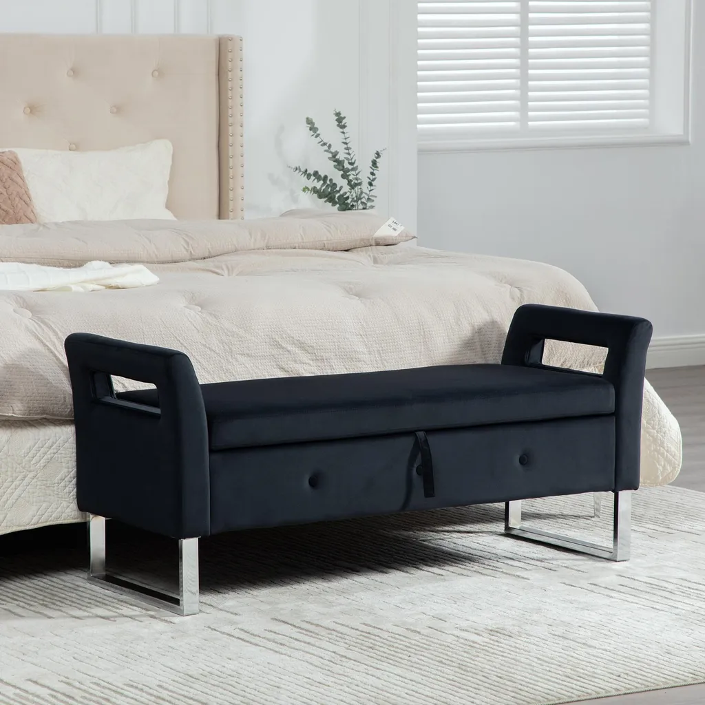 Banc coffre de rangement velours noir 3 en 1 pour bout de lit chic