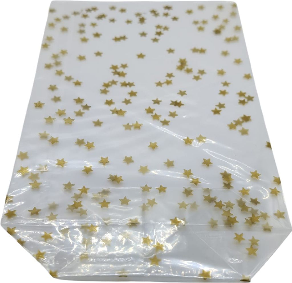 100 Weihnachts-/Bodenbeutel PP 115x190 mm transparent mit goldenen Sternen