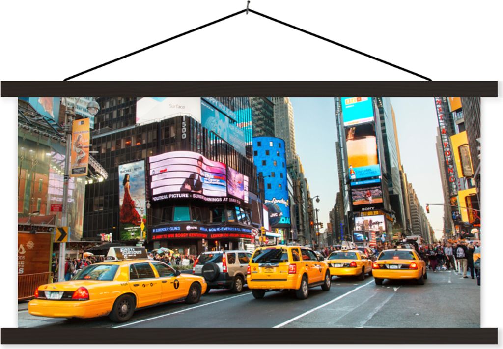MuchoWow Textilposter New York - Taxi - Gelb 90x45 cm mit schwarzem Rahmen - Klemmleisten