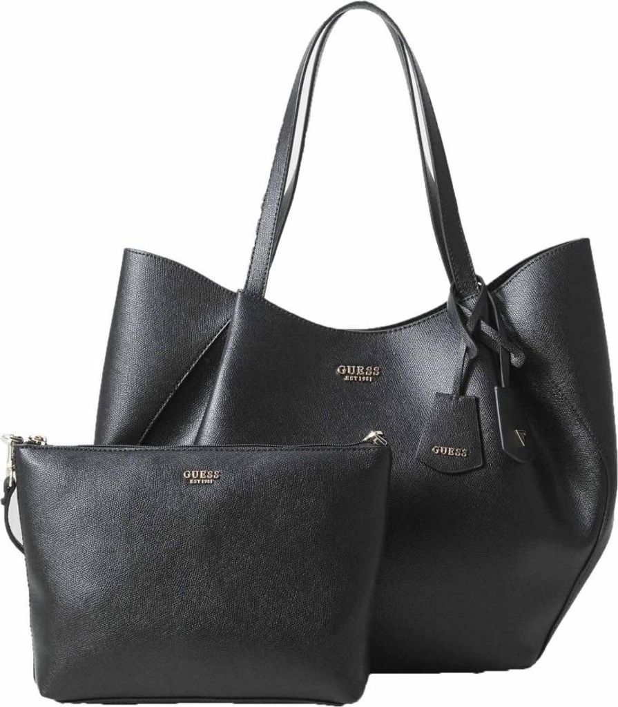 A black Guess tote bag and matching pouch are displayed against a white background.