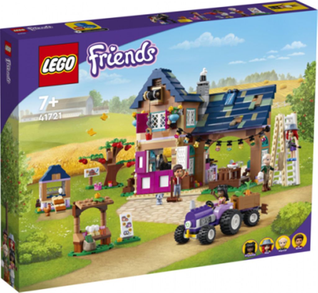 A LEGO Friends farm set with a house, tractor, and figures, displayed on its packaging.
