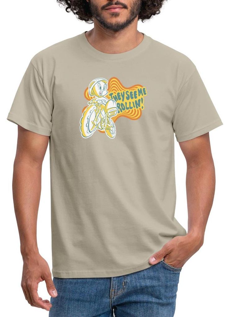 Spreadshirt Looney Tunes They See Me Rollin' Tweety Fahrrad Männer T-Shirt, 4XL, Sandbeige