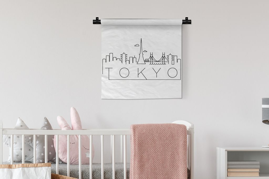MuchoWow Wandteppich Wandbehang Skyline "Tokio" schwarz auf weiß 60x60 cm Tapisserie Dekoration Wandtuch - Dekorationen - Wand Decke