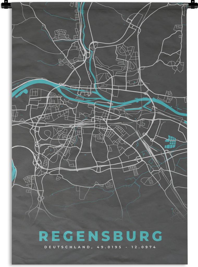 MuchoWow Wandteppich Wandbehang Karte - Stadtplan - Regensburg - Deutschland - Blau 120x180 cm Tapisserie Dekoration Wandtuch - Schlafzimmer - De...