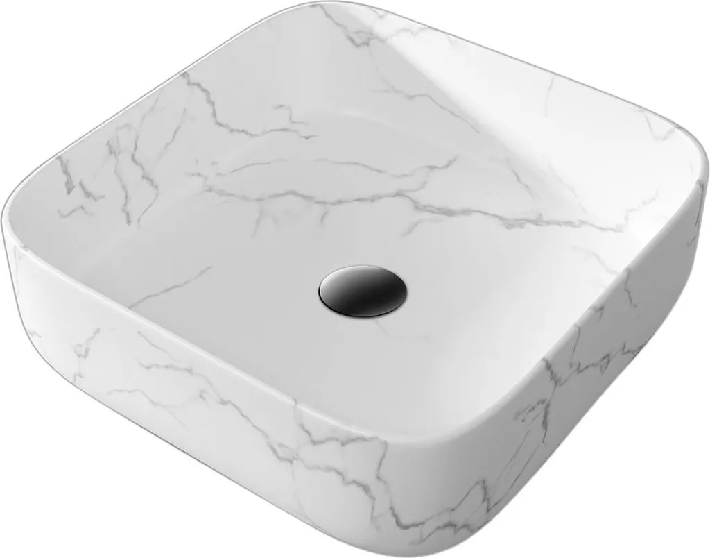 Lave-mains carré blanc mat effet marbre en céramique pour salle d'eau