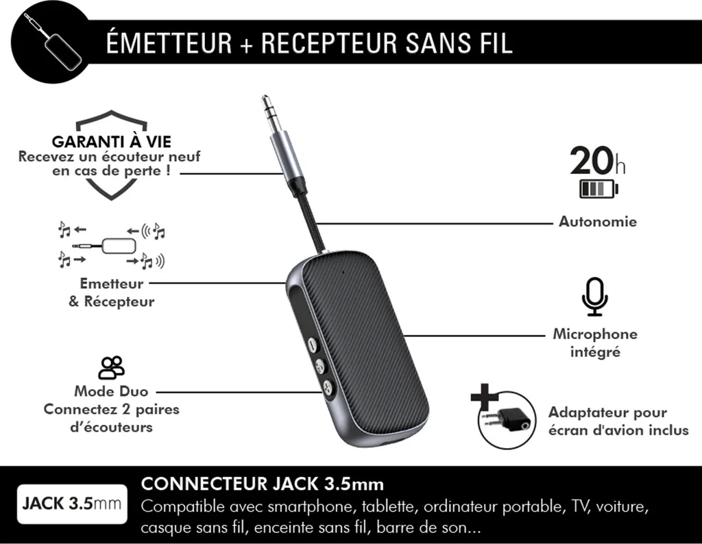 FORCE PLAY Adattatore Bluetooth 2-in-1 Trasmettitore e Ricevitore Jack 3.5mm - 2