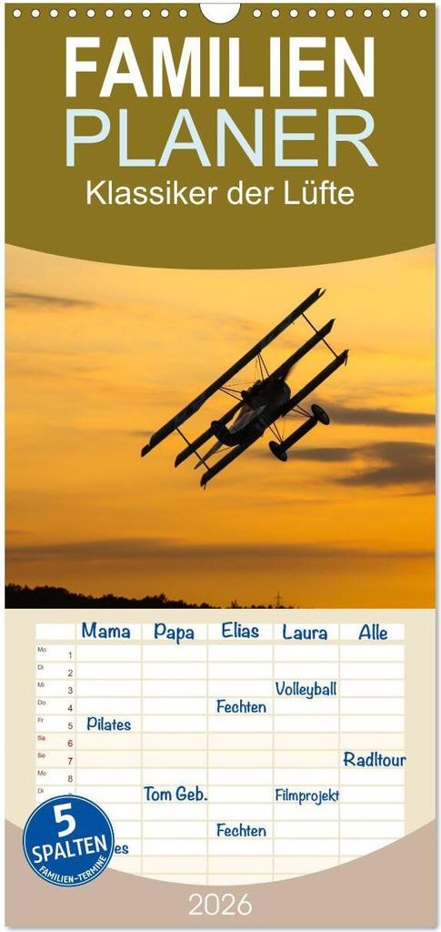 Familienplaner 2026 - Klassiker der Lüfte mit 5 Spalten (Wandkalender, 21 x 45 cm) CALVENDO