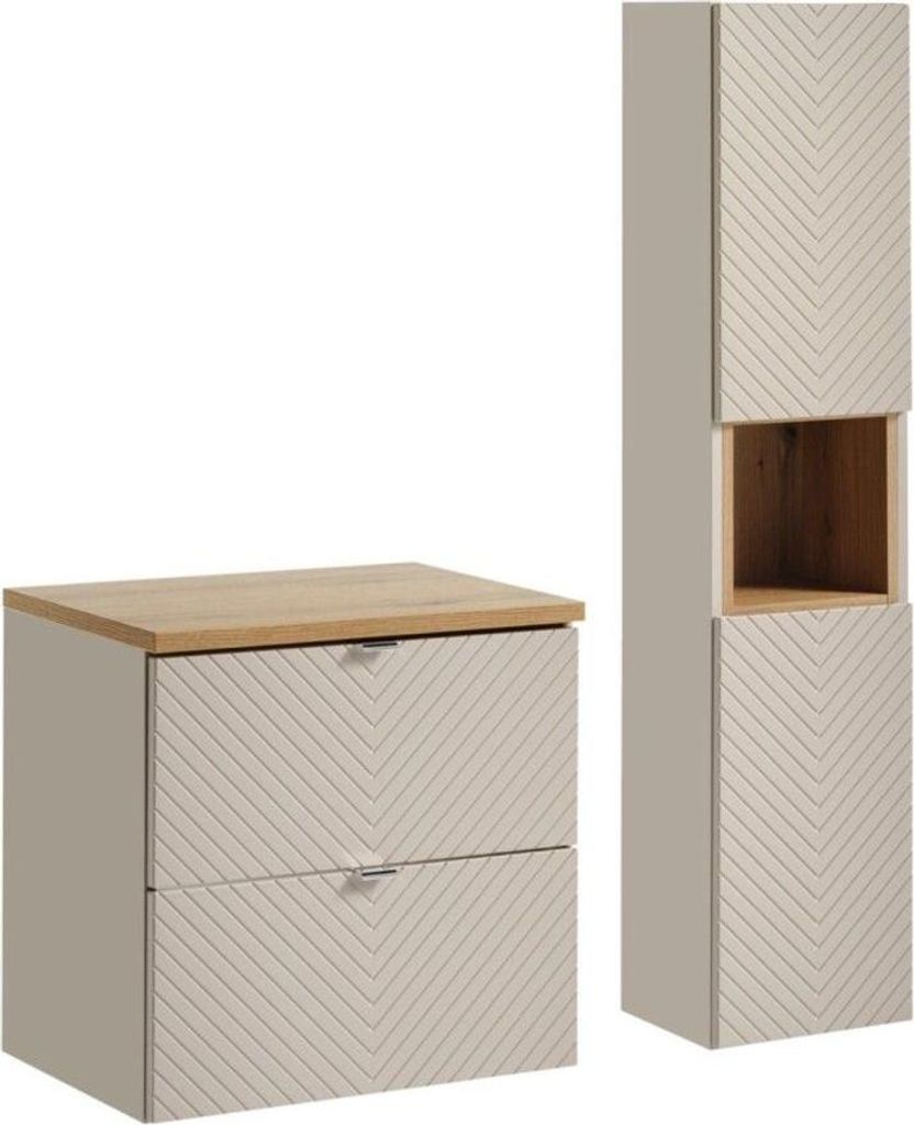 Badezimmer-Set AOKI: Waschtischunterschrank mit Schubladen 60cm + Waschtischplatte in Holzoptik + Hochschrank