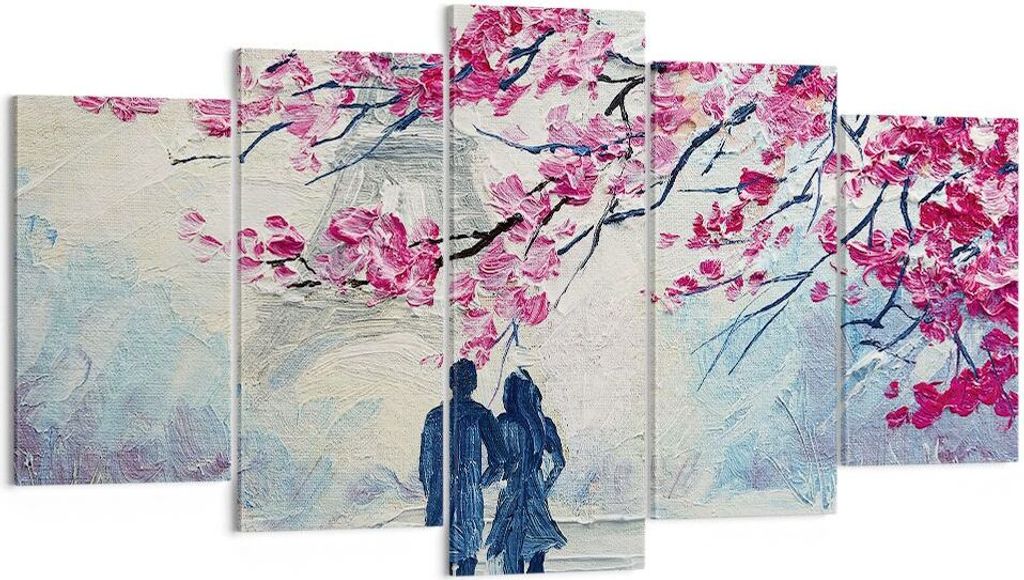 Bild auf Leinwand - Leinwandbild - 5 Teile - Paar Paris Baum - 160x85cm - Wand Bild - Wanddeko - Wandbilder - Leinwanddruck - Bilder - Wanddekorati...