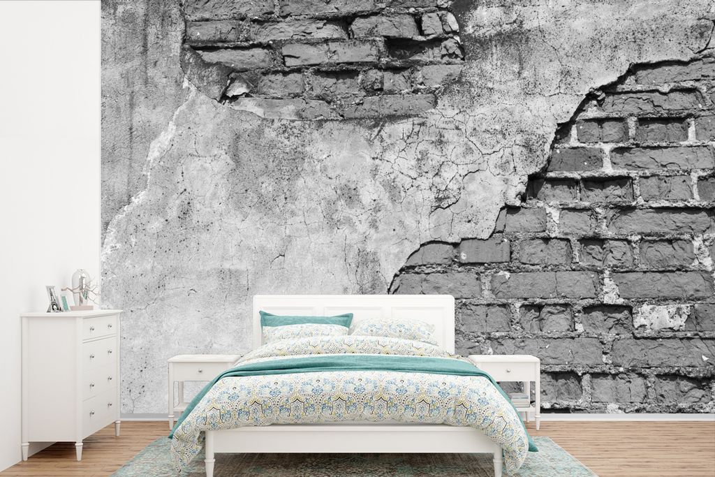 MuchoWow Fototapete für Wohnzimmer oder Schlafzimmer Wandtapete Vinyl Motivtapete Wand - Backstein - Beton - Schwarz - Weiß - 420x280 cm - Zimm...