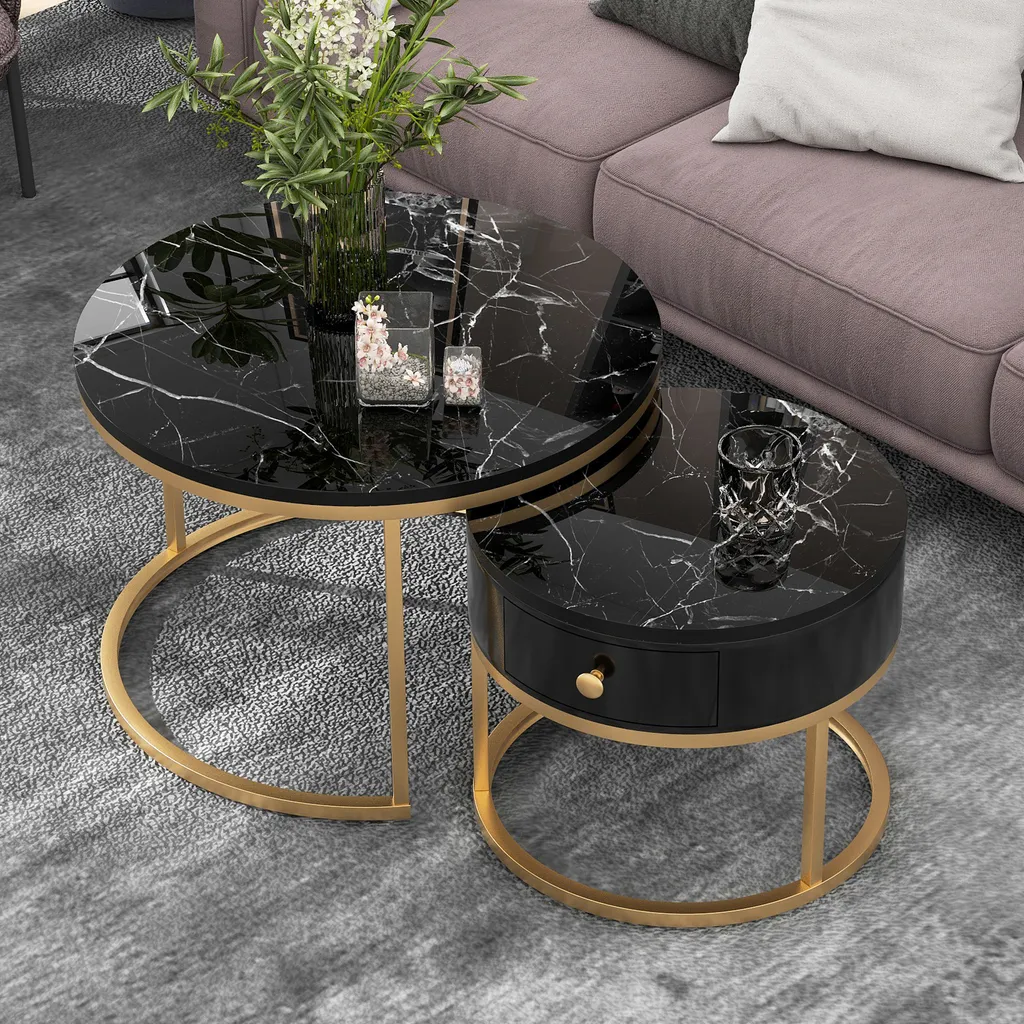 Table Basse Gigogne Ronde Noire Effet Marbre et Métal Doré - Set de 2 Pièces