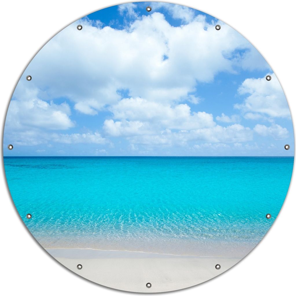Wallario rundes Outdoor-Poster für Garten oder Balkon, Motiv Sandstrand und blaues Meer, 120 cm Durchmesser