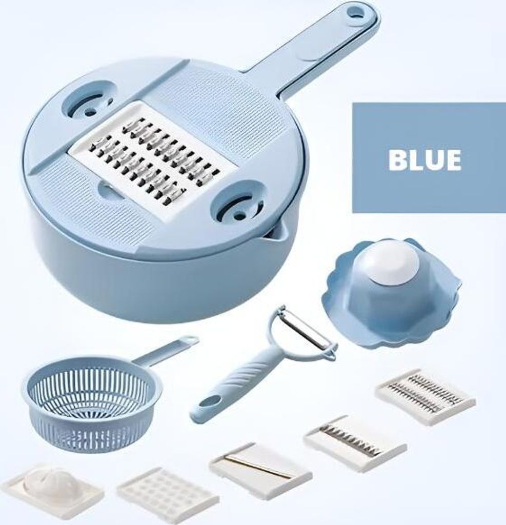 A collection of blue kitchen utensils, including a multi-functional vegetable cutter, peeler, colander, and various blades, arranged on a white and light blue background.